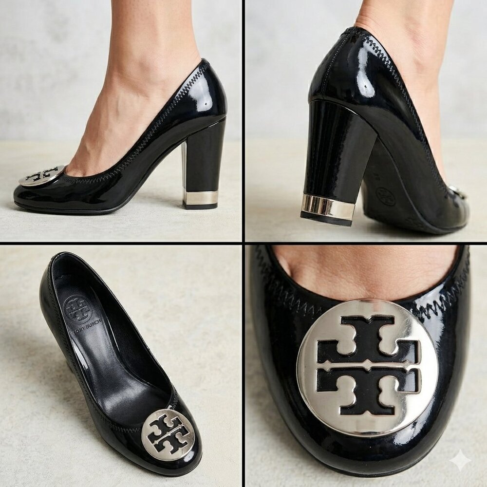 Tory Burch Black Patent Leather Block Heel Pumps with Silver Hardware - Size 6 - Picture 2 of 8